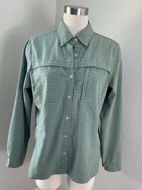 LL Bean Womens Medium Plaid Button Up Shirt Green Outdoors Long Sleeve Top